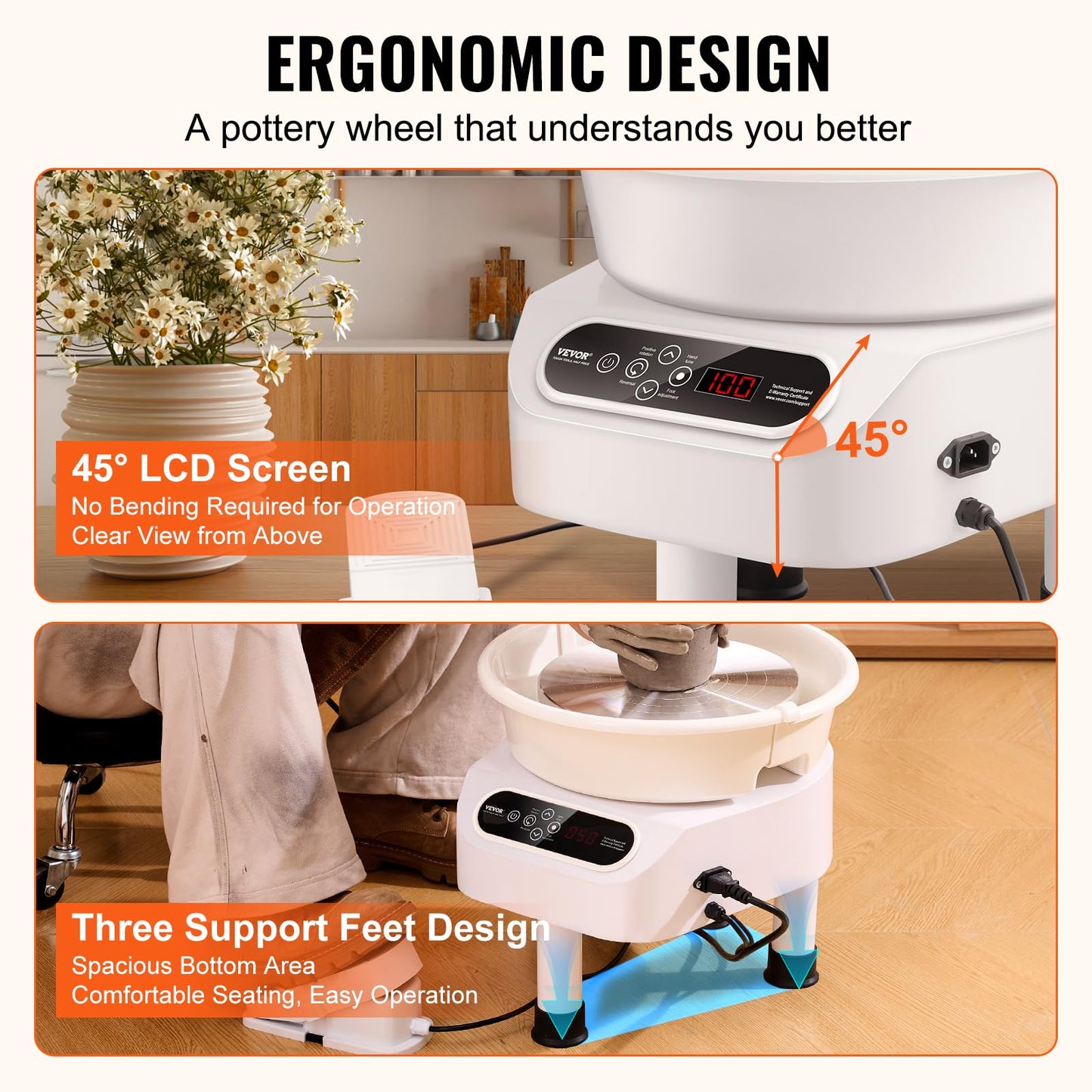 VEVOR Pottery Wheel Direct Drive 350W, 10 inch Ceramic Forming Machine with LCD Touch Screen Foot Pedal 50-300RPM Adjustable Speed, 18PCS Accessory Tools Kit for Adults Beginners, Craft Gift, White