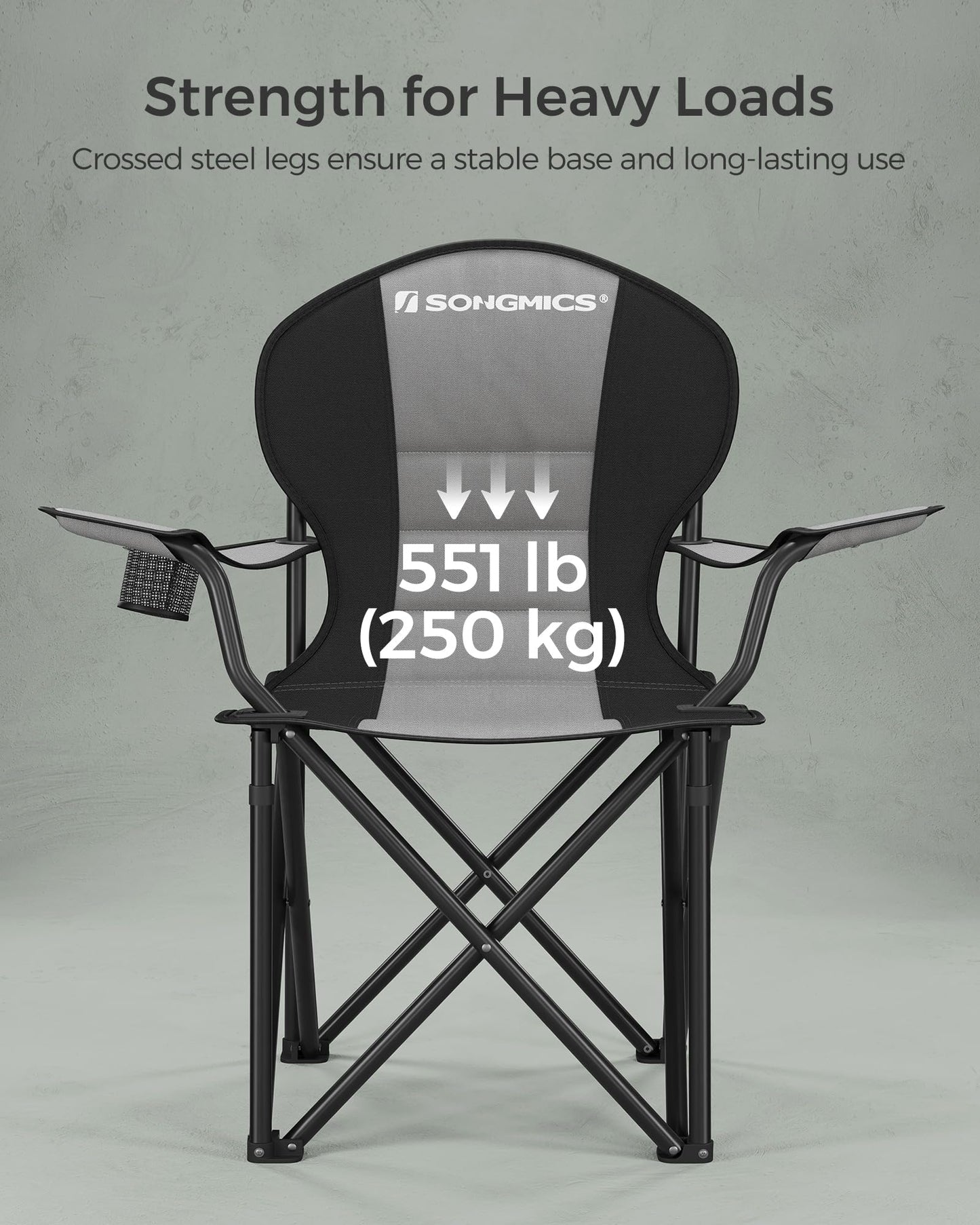 SONGMICS Folding Camping Chair, with Comfortable Sponge Seat, Cup Holder, Heavy Duty Structure, Max Load Capacity 551 lb, Outdoor Picnic Chair, Gray and Black UGCB006G01