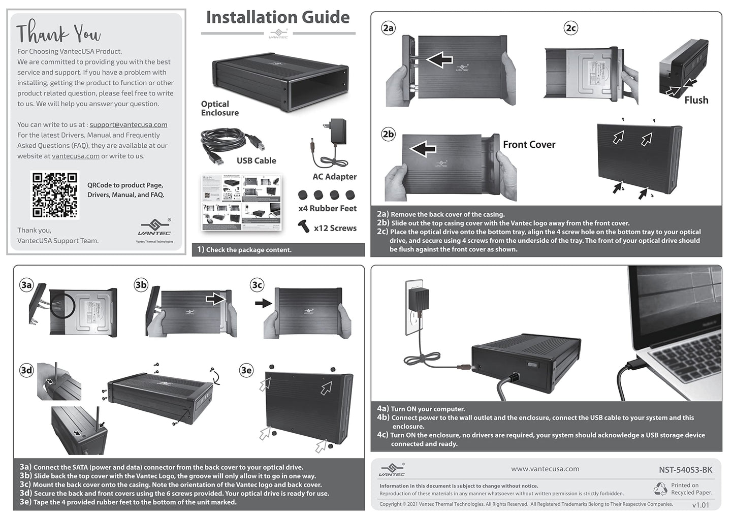 Vantec NexStar DX2 USB 3.0 External Enclosure Design for 5.25" Blu-Ray/CD/DVD SATA Drive, Second Generation of DX, No Drivers Needed, Aluminum Alloy (NST-540S3-BK)