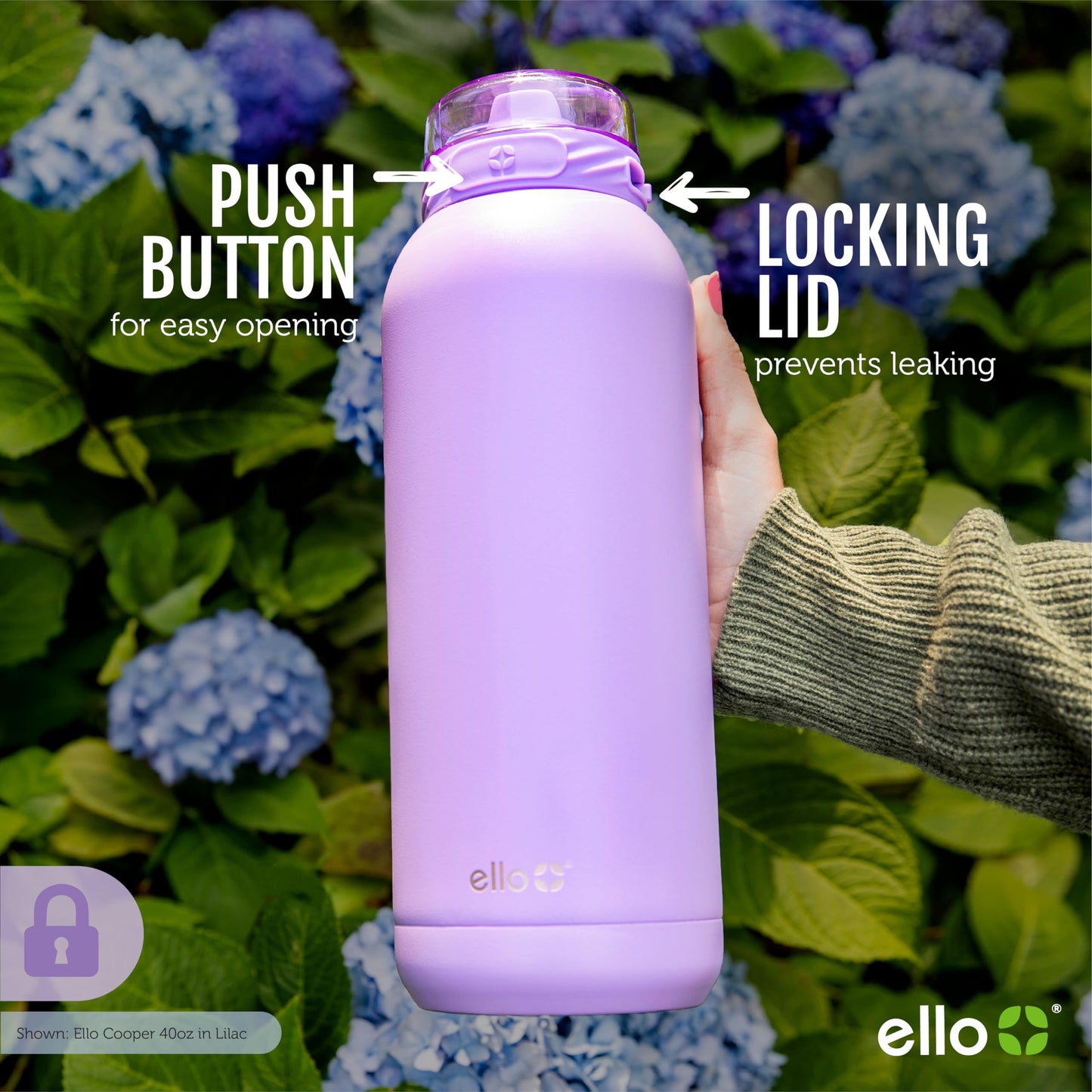 Ello Cooper 22oz Stainless Steel Water Bottle with Straw and Carry Handle, Double Walled and Vacuum Insulated Metal, Leak Proof Locking Lid with Soft Silicone Spout, Reusable, BPA Free, Lilac