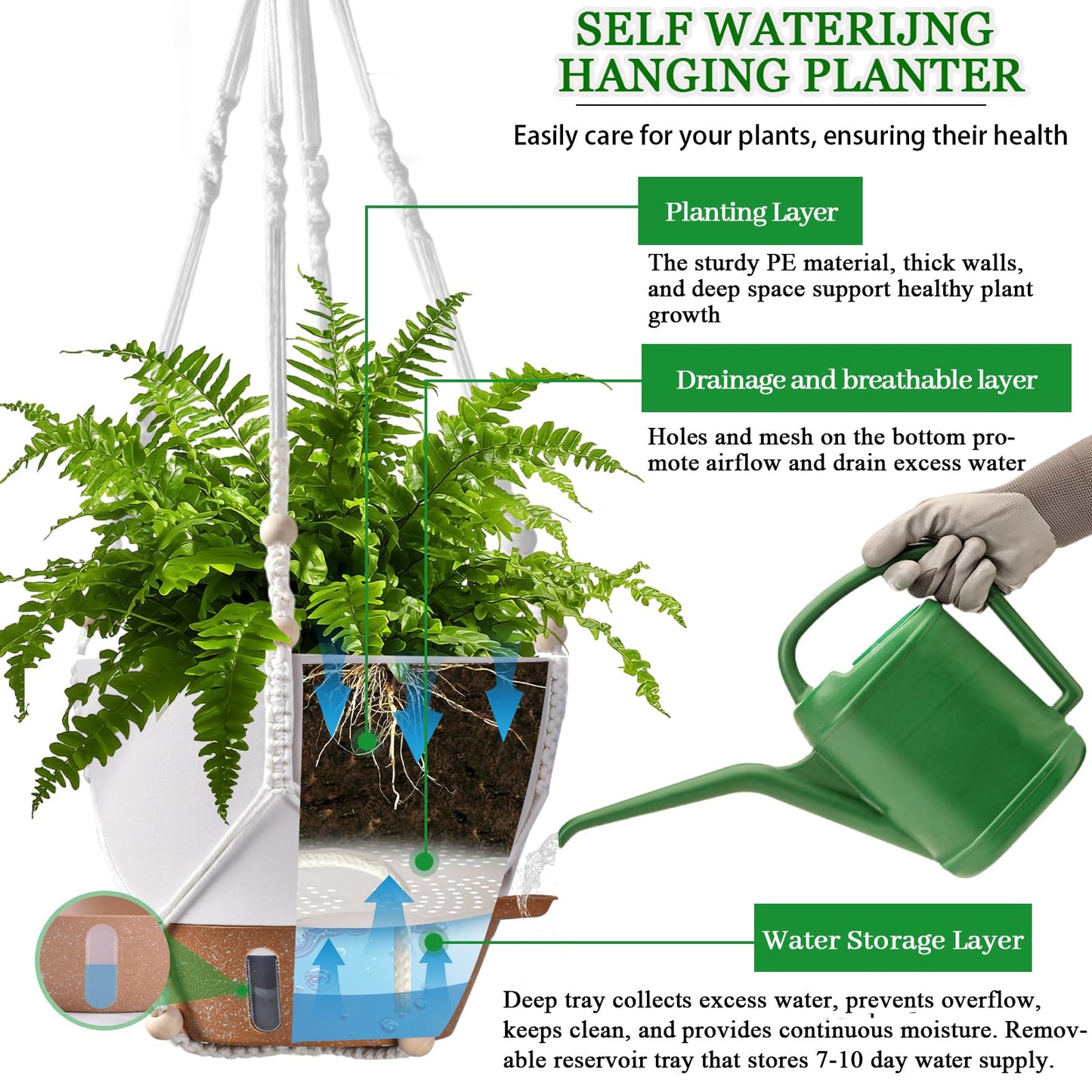 10 Inch Hanging Planters for Indoor Plants & Outdoor - 2 Pack Self-Watering Hanging Pots with Drainage Holes, Visual Reservoir, 2 Hangers - Self-Watering Hanging Baskets Flower Pots