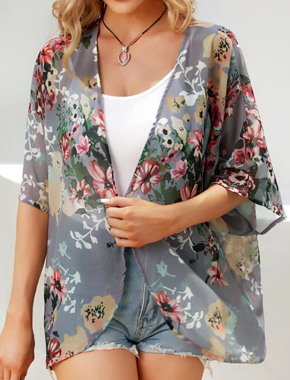 Women's Floral Print Puff Sleeve Kimono Cardigan Loose Cover Up Casual Blouse Tops(Dark Grey,L)