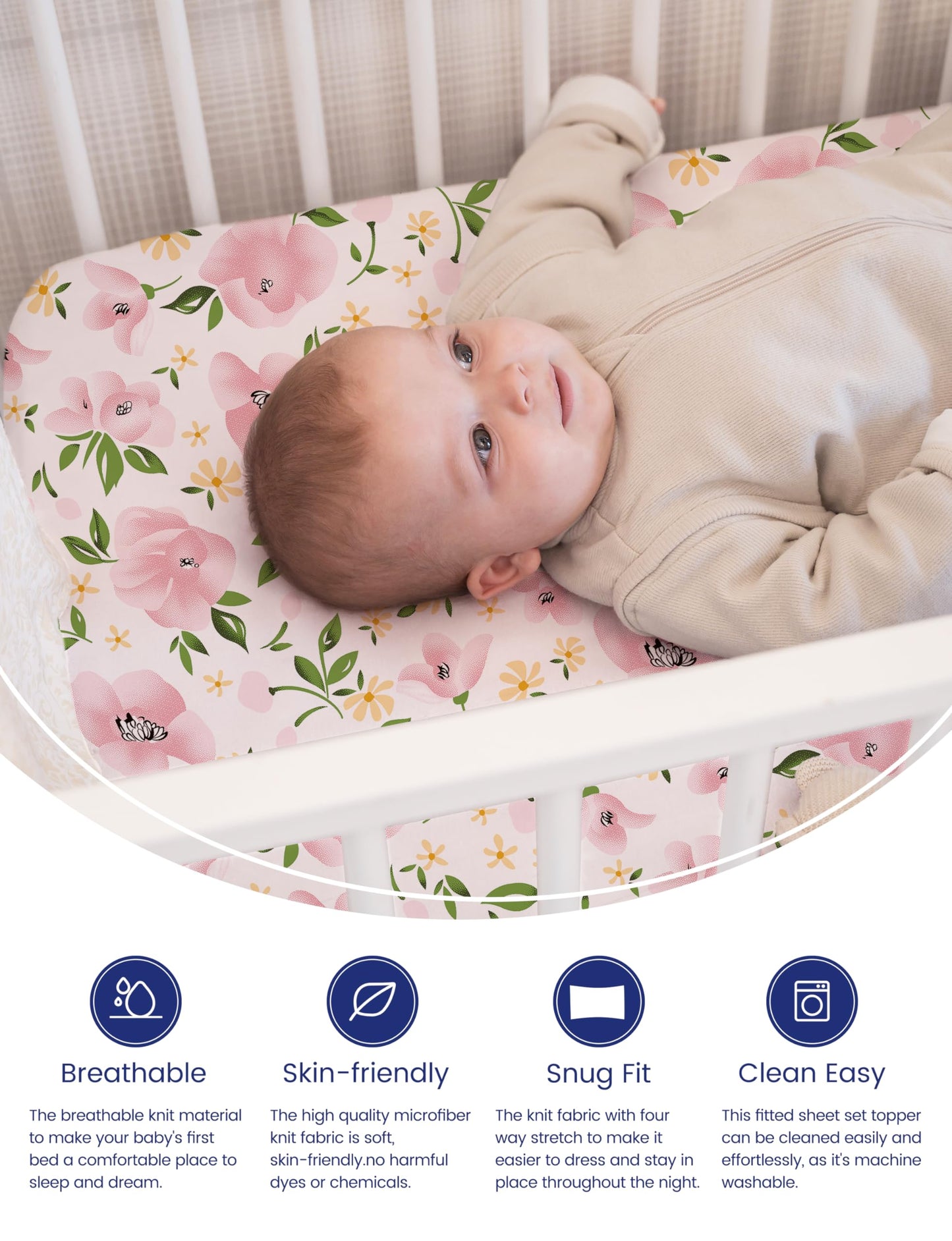 Graco Pack and Play Sheets Fitted, TotAha Buttery Soft Mini Crib Sheets Girl, Floral Pack N Play Mattress Sheets Hypoallergenic, Premium Jersey Playrad Sheets, Meredith Allover & Pale Pink, 2 Pack