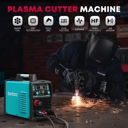bestarc Plasma Cutter, [Pilot Arc][Large LED Display][Air Sensor] 50A bestarc Plasma Cutter Machine 110/220V Dual Voltage, 1/2 Inch Clean Cut 4/5 Inch Max Cut, Post Flow Mesh, 2T/4T for Beginners DIY