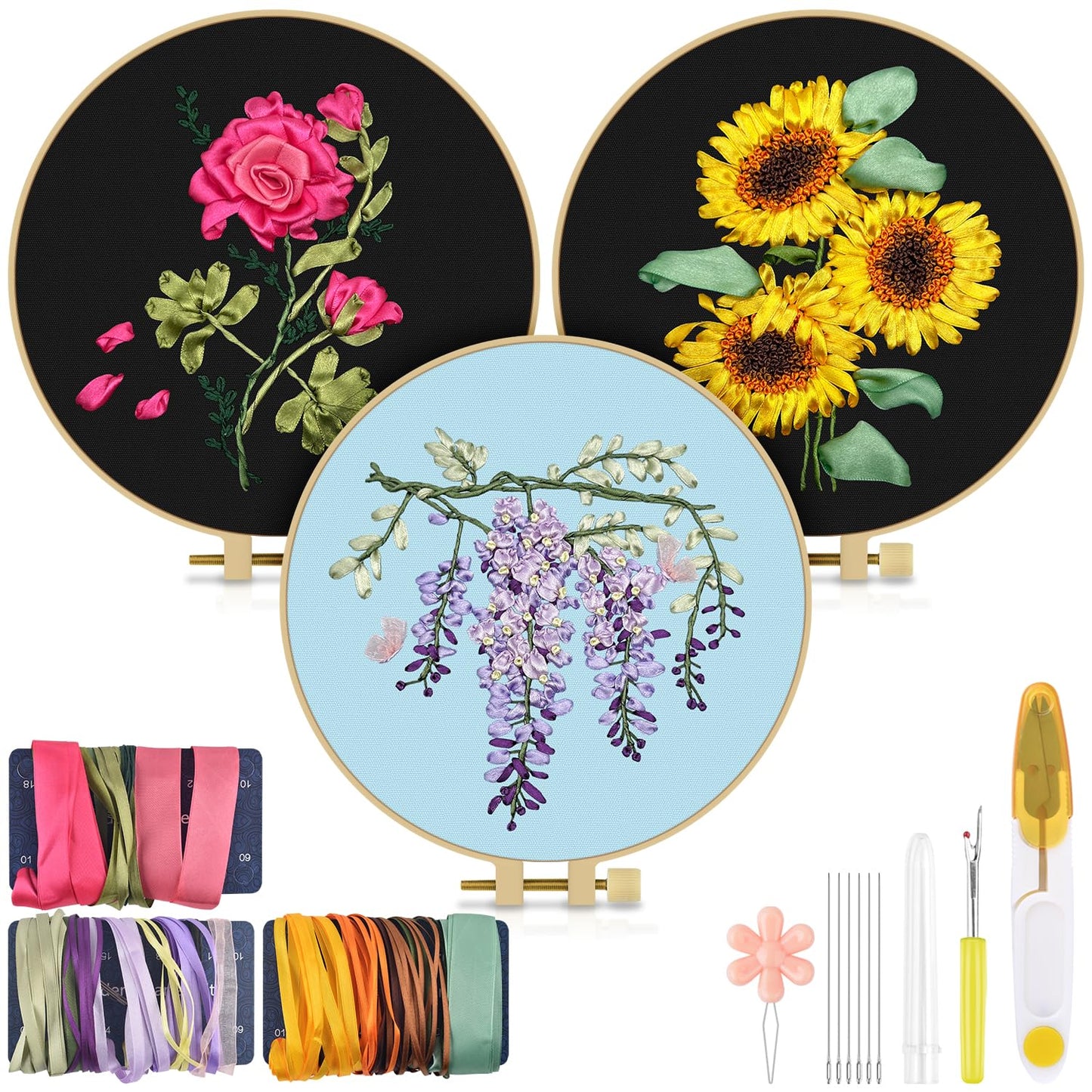 TINDTOP Embroidery Kit for Adult, Ribbon Embroidery Kit for Beginners for Craft Lover Hand Stitch with Embroidery Skill Techniques (Flowers)