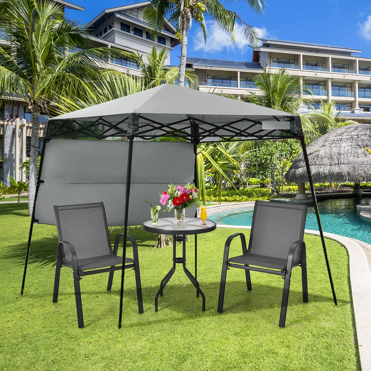 Tangkula 7x7 Ft Pop Up Canopy, Slant Leg Outdoor Tent with Carry Bag & 4 Stakes, Compact Portable for Hiking Camping Fishing & Picnic (7'x7' Base, 6'x6' Top)