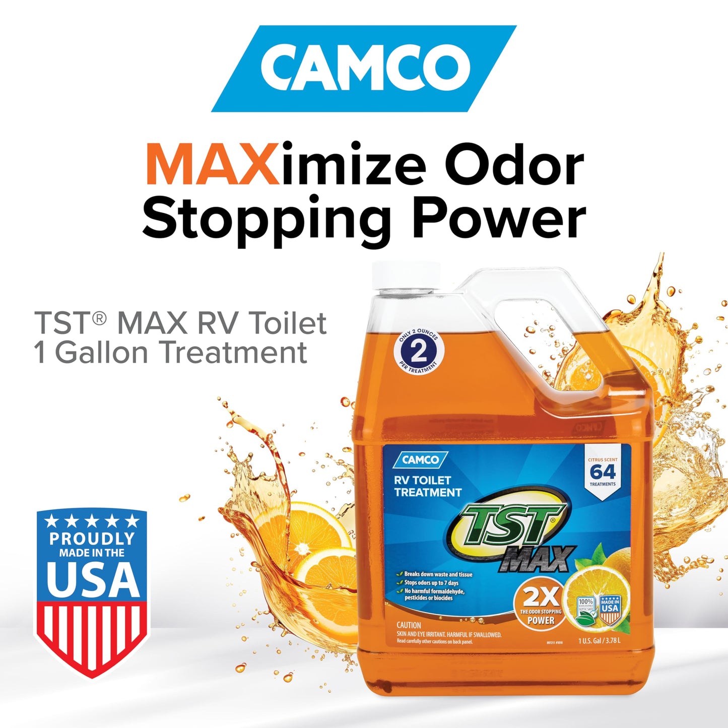 Camco TST MAX Camper/RV Toilet Treatment - Features Septic Safe Formula & Stops Odors Up to 7 Days - Orange Scent, 1-Gallon (41197)