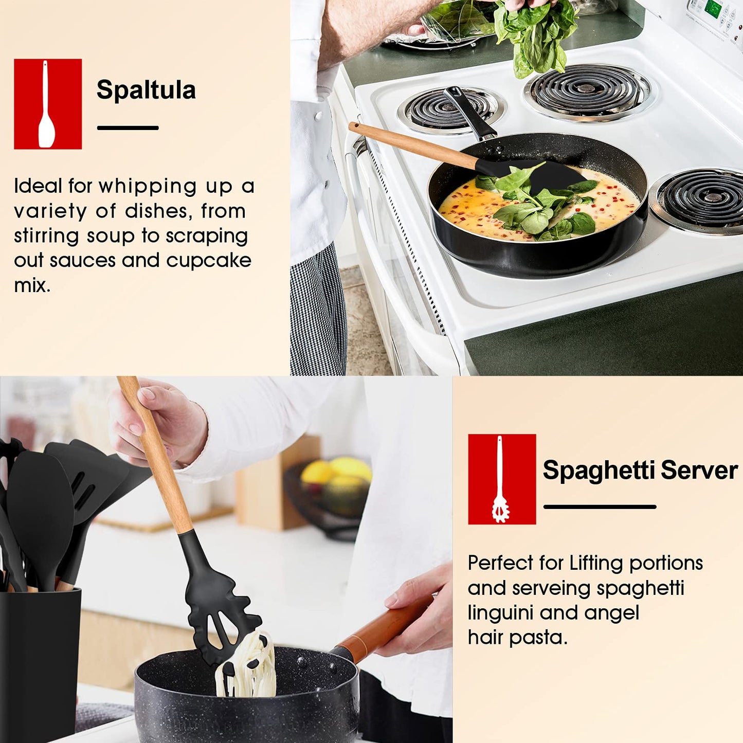 E-far Cooking Utensils Set of 6, Silicone Kitchen Utensils with Wooden Handle, Non-stick Cookware Friendly & Heat Resistant, Includes Spatula/Ladle/Slotted Turner/Serving Spoon/Spaghetti Server(Black)