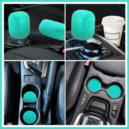 Frienda 6 Pieces Fluffy Car Accessories Set Bling Fluffy Steering Wheel Cover Soft Fuzz Handbrake Gear Shift Cover Bling Mirror Fuzz Car Pad Decoration(Mint Green)