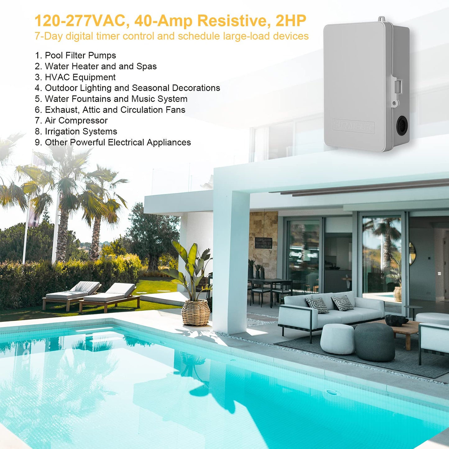 SURAIELEC Pool Timer, 7-Day Programmable Digital Box Timer Switch, 40 AMP, 2HP, 120, 240, 277 VAC, Outdoor Indoor Heavy Duty Controller Box for Pool Pump, Water Heater, Lights, Powerful Appliances