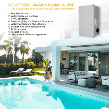 SURAIELEC Pool Timer, 7-Day Programmable Digital Box Timer Switch, 40 AMP, 2HP, 120, 240, 277 VAC, Outdoor Indoor Heavy Duty Controller Box for Pool Pump, Water Heater, Lights, Powerful Appliances
