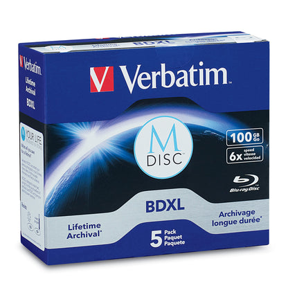 Verbatim M DISC BDXL 100GB 6X with Branded Surface Blank Blu-Ray Recordable Media – 5pk Jewel Case Box,Blue