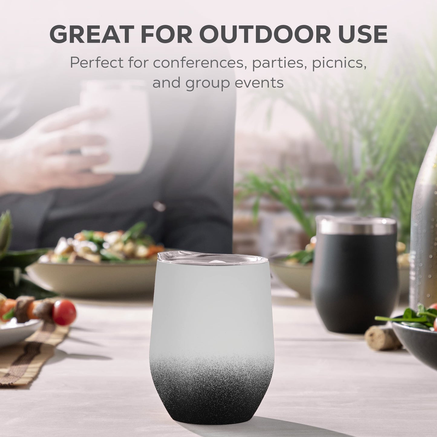 FineDine Triple Insulated Wine Tumbler With Lid (4 Pack) 12oz Stainless Steel Set- Tumblers Keep Drinks Hot & Cold for Outdoors, Beach, Picnics- Unbreakable Glasses With BPA Free Lids (White/Black)