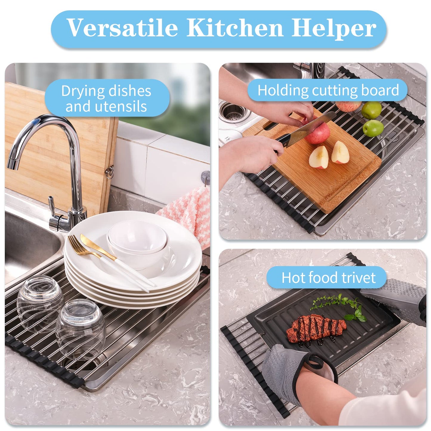 Seropy Roll Up Dish Drying Rack Over The Sink Drying Rack for Kitchen Counter, Rolling Dish Rack Over Sink Mat, Foldable Dish Drainer Stainless Steel Rack Kitchen Organization Gadgets 17.5"x11.8"