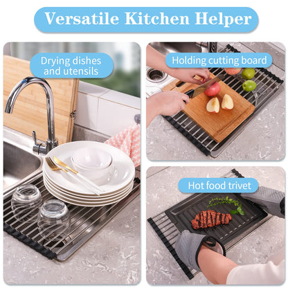 Seropy Roll Up Dish Drying Rack Over The Sink Drying Rack for Kitchen Counter, Rolling Dish Rack Over Sink Mat, Foldable Dish Drainer Stainless Steel Rack Kitchen Organization Gadgets 17.5"x11.8"