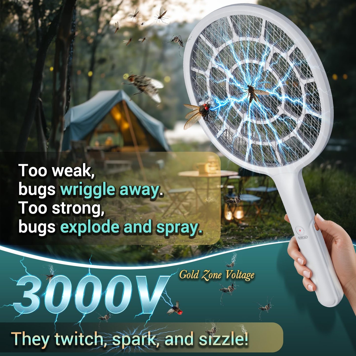 YsChois Electric Fly Swatter, Bug Zapper, Mosquito Zapper Racket | Gold Zone Voltage, Densest 3 mm Mesh, Apple-Like Weight - AA Battery Powered (not incl.) - Indoor & Outdoor Use with Pro Swat Tips