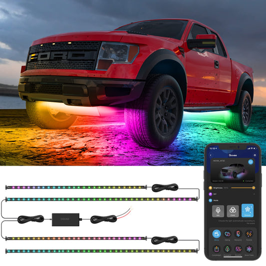 Govee Underglow Car Lights, 4pcs RGBIC Smart LED Lights for Cars with 16 Million Colors and 10 Scene Modes, App Control, Neon Accent Strip Lights for SUVs, Trucks, DC 12-24V