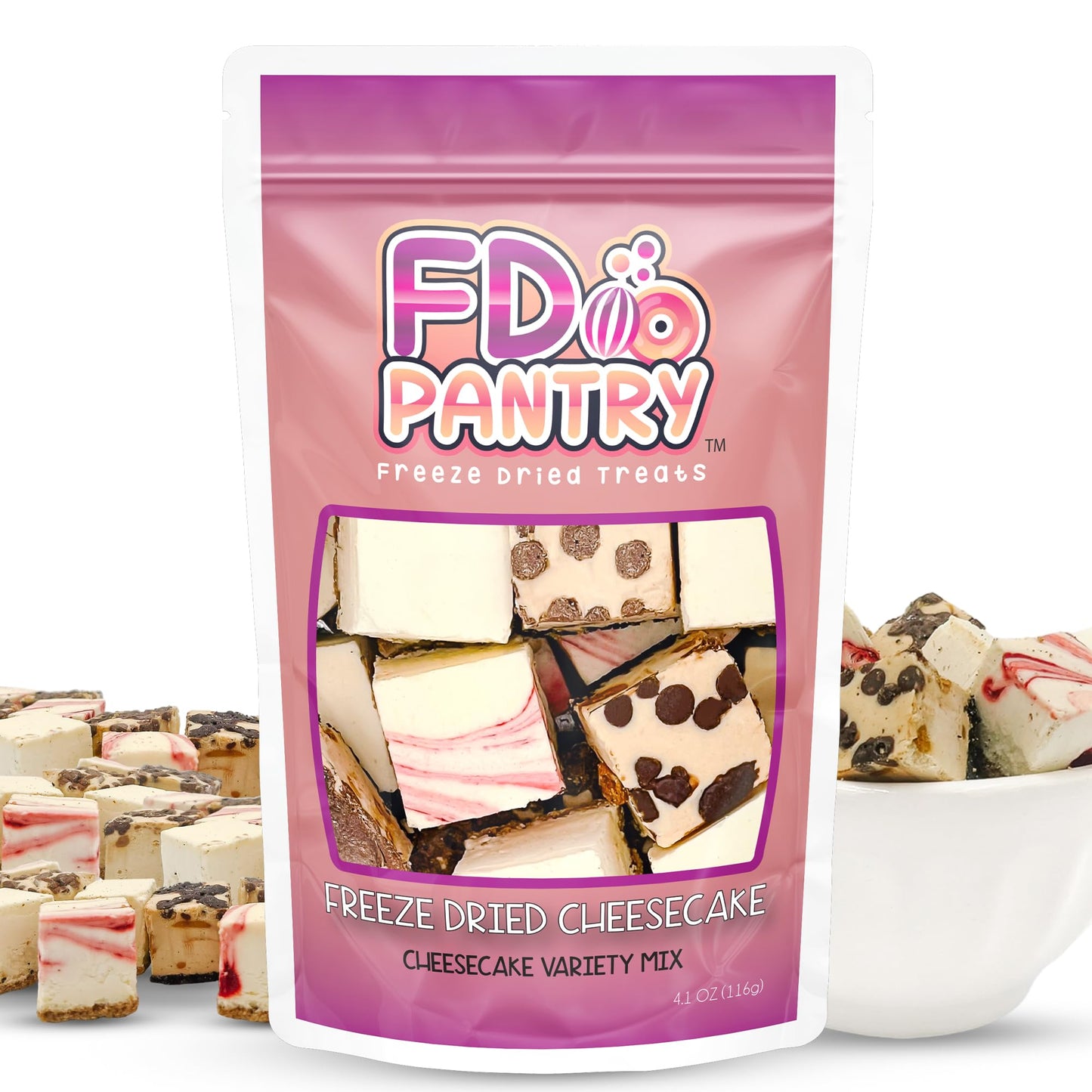 Freeze Dried Cheesecake Bites New York Style 4.1oz - Caramel, Chocolate Chip and Strawberry Cheesecake Swirl Freeze Dried Dessert - Mini Chocolate Cheesecake Bites in Resealable Bag - Ideal Gift Snack