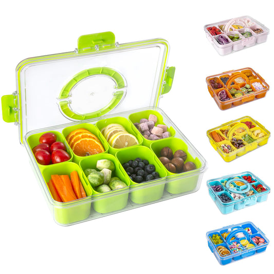 WACOI Divided Snack Serving Tray with Lid and Handle Travel Snackle Charcuterie Container Portable Storage Organizer for Candy, Fruits, Nuts, Snacks, Party, Picnic (1pack, Green)