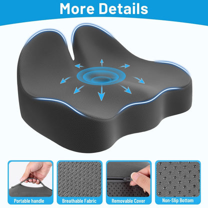 Cushzone Seat Cushion, Memory Foam Office Chair Cushions, Ergonomic Curved Design for Sciatica, Tailbone, Coccyx, Seat Support for Car, Desk Chair, Wheelchair, Enhances Long Sitting Comfort (Grey)