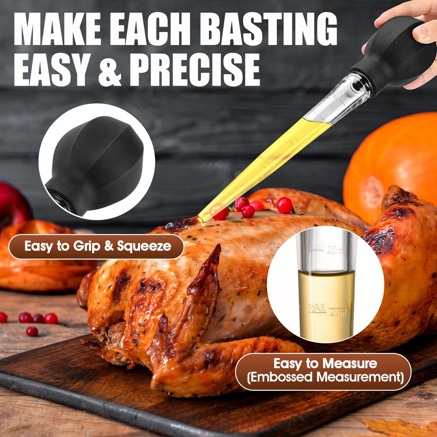 SCHVUBENR Large Turkey Baster with Cleaning Brush - Premium Baster Tool for Cooking - Easy to Use and Clean - Powerful Bulb Baster Syringe - Dishwasher Safe - Flavor Meat Poultry, Beef, Chicken(Black)