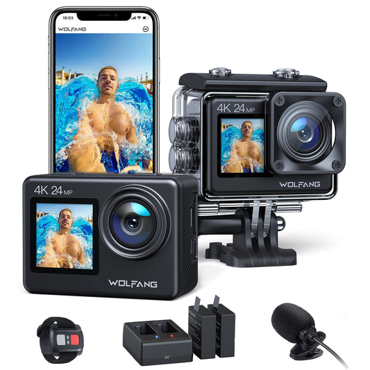 WOLFANG GA200 24MP 4K Action Camera 40M Waterproof Underwater Camera for Snorkeling, EIS WiFi Adjustable Wide Angle Dual Screen Camera for Vlog, Webcam(Charger, Remote Control and Helmet Accessories)