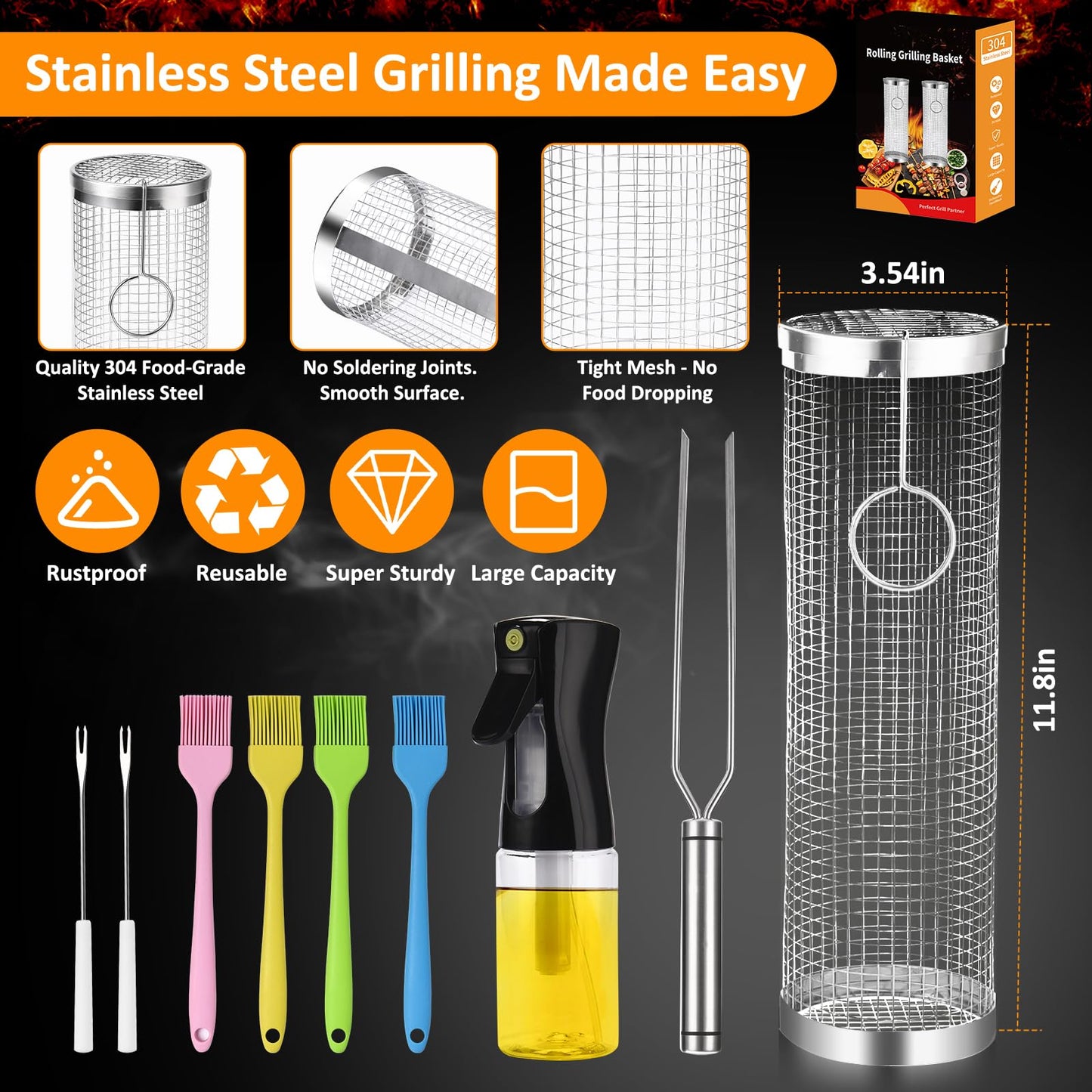 Rolling Grill Baskets (2PCS), Stainless Steel Grill Basket, Dishwasher Safe BBQ Grill Accessories Portable Grill Baskets for Outdoor Grill for Fish, Shrimp, Meat, Vegetables, Fries Outdoor Cooking Camping