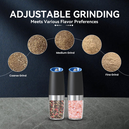 UNNEES Gravity Electric Salt and Pepper Grinder set of 2, Automatic Salt And Pepper Grinder Set, Adjustable Roughness, Battery Powered, LED Light, 2 Pack, (Black)