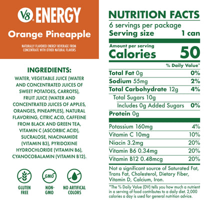 V8 Energy Orange Pineapple Energy Drink, 8 fl oz Can (6 Pack)