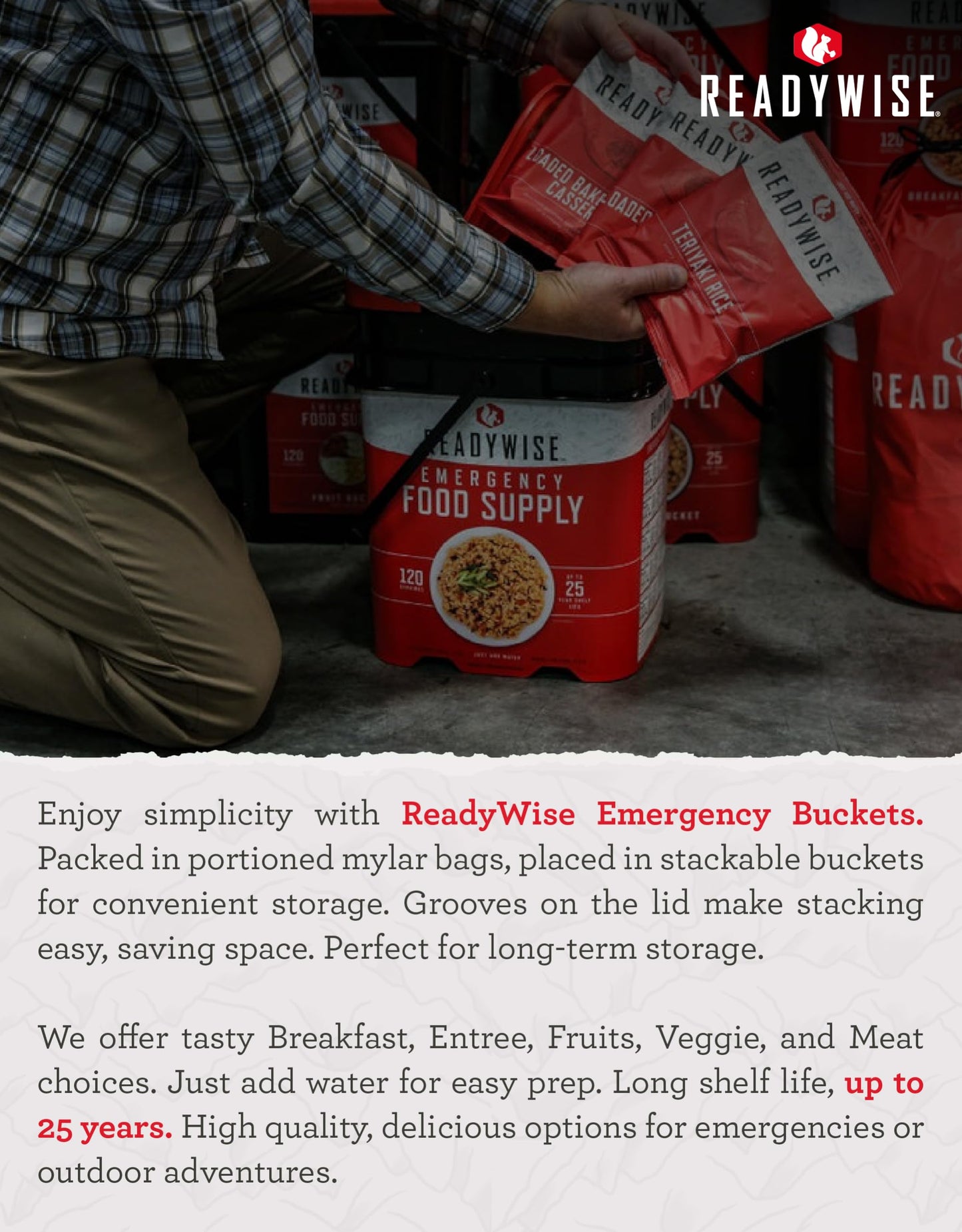 ReadyWise 30 Day Emergency Food Supply - 296 Servings, 2 Buckets, Freeze Dried Protein Meals, Survival Food Storage, Ready to Eat, Backpacking & Camping Essentials, up to 25 Year Shelf Life