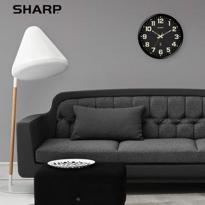 Sharp Glow in The Dark Atomic Analog Wall Clock - 12" Clock with Black Frame - Sets Automatically - Battery Operated - Easy to Read - Easy to Use – See Day or Night!