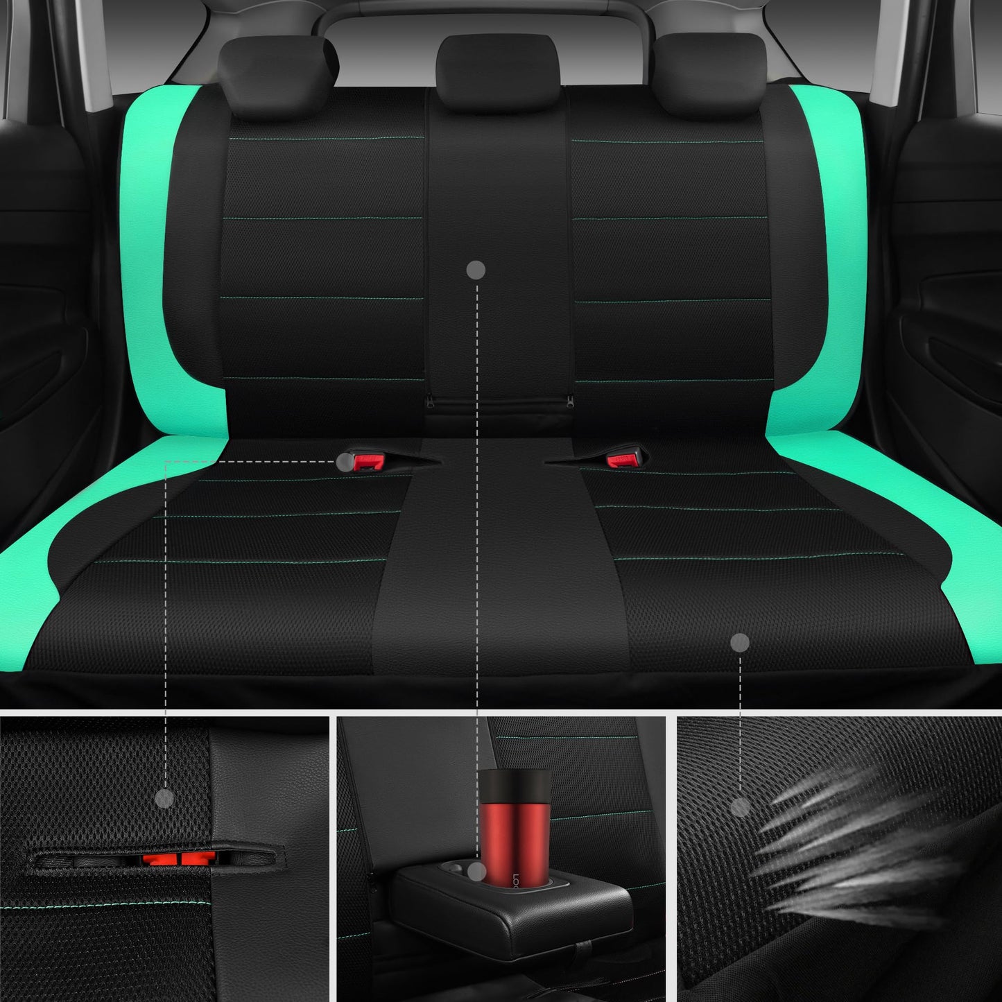 CAR PASS Leather Seat Covers, Breathable Universal Car Seat Cover Full Set for Cute Women Girly,Super 5mm Composite Sponge Inside,Airbag Compatible Fits Most Auto,SUVs,Trucks,Vans(Full Set,Black&Mint)