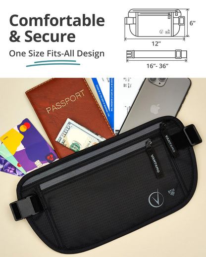Vantamo Hidden Money Belt For Extra Safety, RFID Protected Ultra-Thin Fanny Pack, 2 Compartment Money Bag Fits Passport & Phone to Protect Valuables, Black Fanny Pack for Traveling & Hiking
