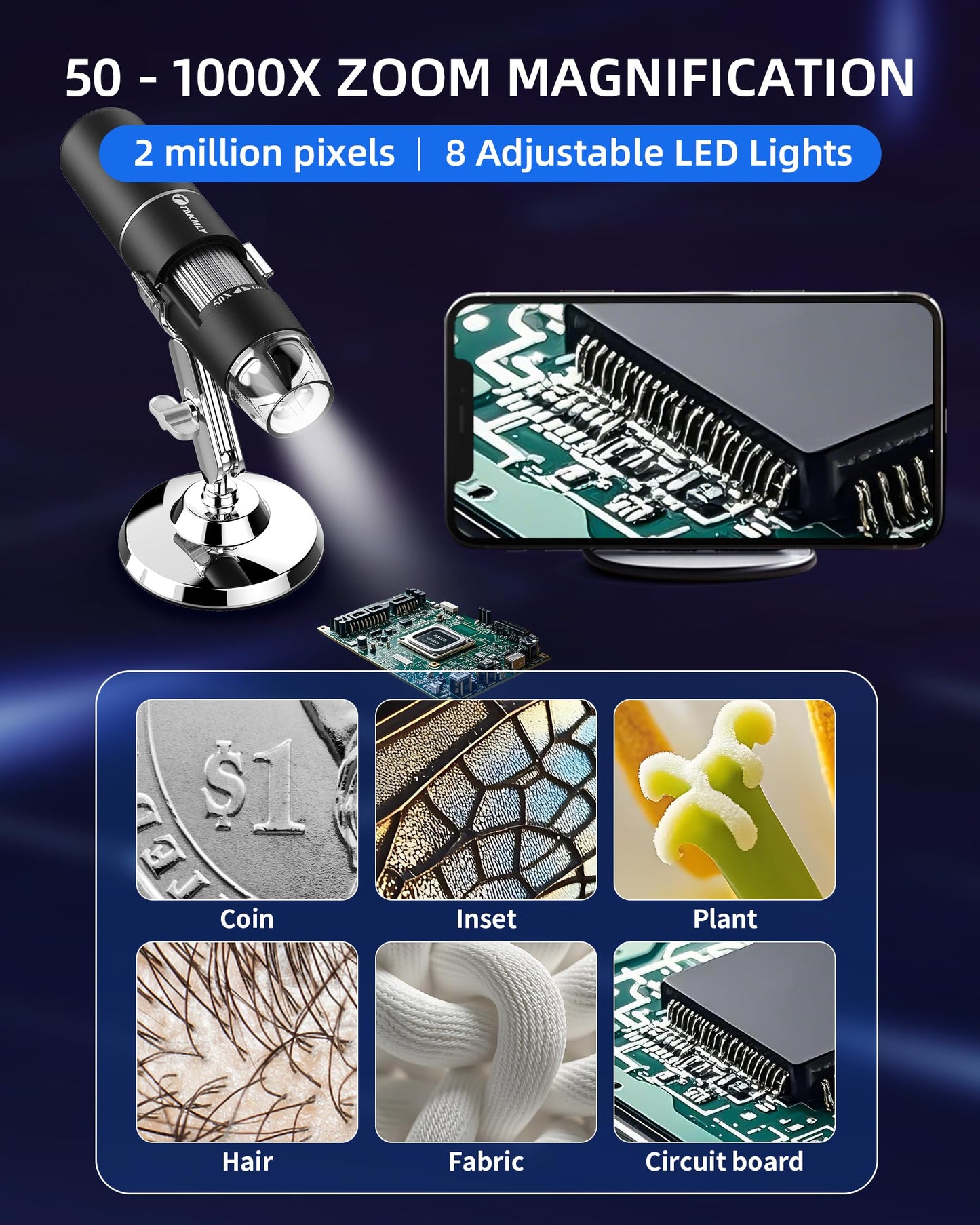 T TAKMLY Wireless Digital Microscope Handheld USB HD Inspection Camera Magnifying Glass with Light, 50x-1000x Magnification with Stand Compatible with iPhone, iPad, Samsung Galaxy, Android, PC