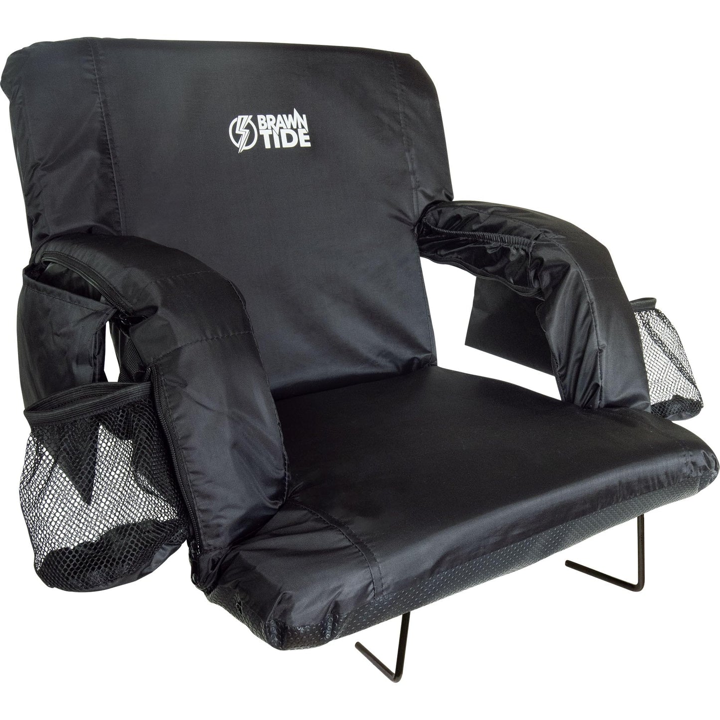 BRAWNTIDE Stadium Seat with Back Support - Comfy Cushion, Thick Padding, 2 Bleacher Hooks, 4 Pockets, Ideal Stadium Chair for Bleachers, Sporting Events, Camping, Beaches (Black, Regular Size)