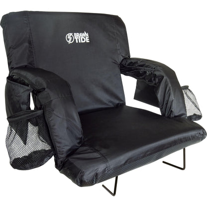 BRAWNTIDE Stadium Seat with Back Support - Comfy Cushion, Thick Padding, 2 Bleacher Hooks, 4 Pockets, Ideal Stadium Chair for Bleachers, Sporting Events, Camping, Beaches (Black, Regular Size)