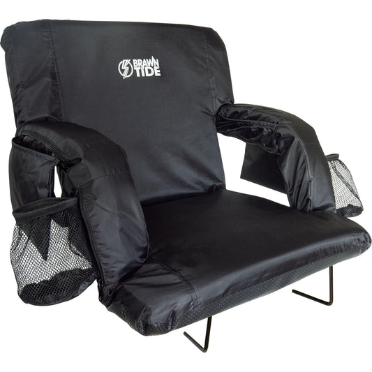 BRAWNTIDE Stadium Seat with Back Support - Comfy Cushion, Thick Padding, 2 Bleacher Hooks, 4 Pockets, Ideal Stadium Chair for Bleachers, Sporting Events, Camping, Beaches (Black, Regular Size)