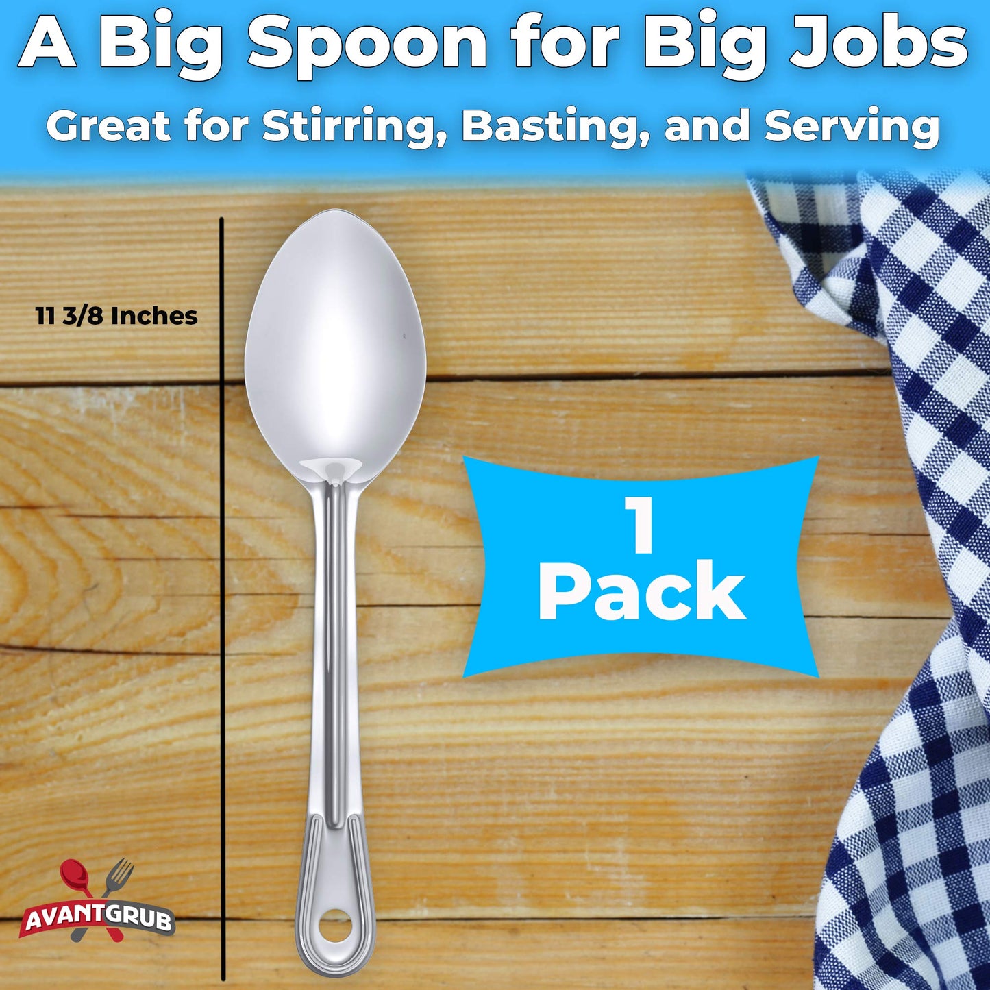 Super Strong, Ergonomic 11 in Serving Spoon 1 Pk. Big, Solid Stainless Steel Spoons for Cooking, Baking and Basting. Best Kitchen Flatware for Buffet and Banquet Service in Restaurants and Homes