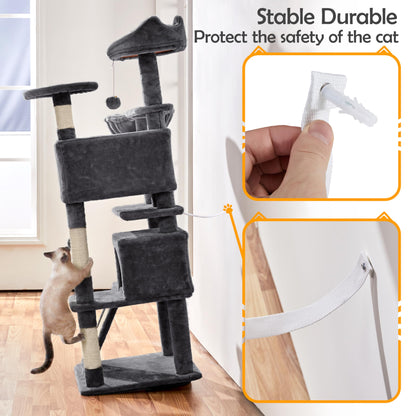 Yaheetech 57 inches Cat Tree for Indoor Cats, Multi-Level Cat Tower w/ 3 Perches, 2 Cat Condos, 2 Hanging Balls and Scratching Posts, Dark Gray