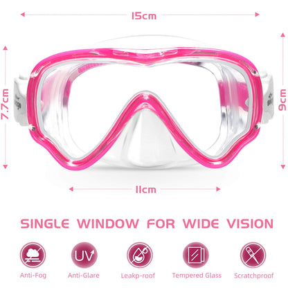 Seago Kids Swimming Mask Swim Diving Scuba Mask Snorkel Gear for Boys Girls Youth, Anti-Fog 180° Panoramic View Soft Silicone Skirt Kids Pool Underwater Swim Goggles with Nose Cover, Snorkel Equipment