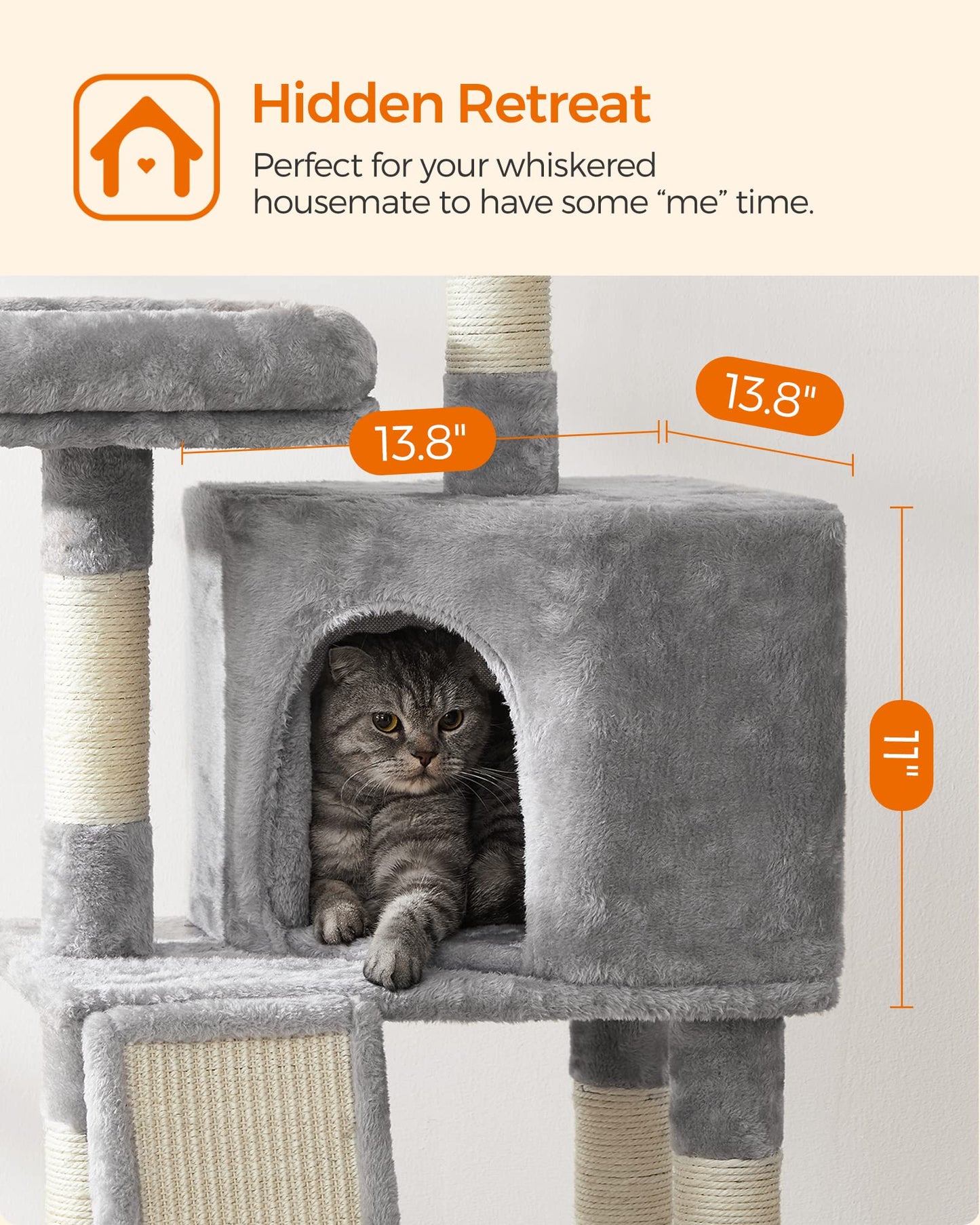 Feandrea Cat Tower, Cat Tree for Indoor Cats, 45.3-Inch Cat Condo with Scratching Post, Ramp, Perch, Spacious Cat Cave, for Kittens, Elderly Cats, Adult Cats, Small Space, Light Gray UPCT141W01