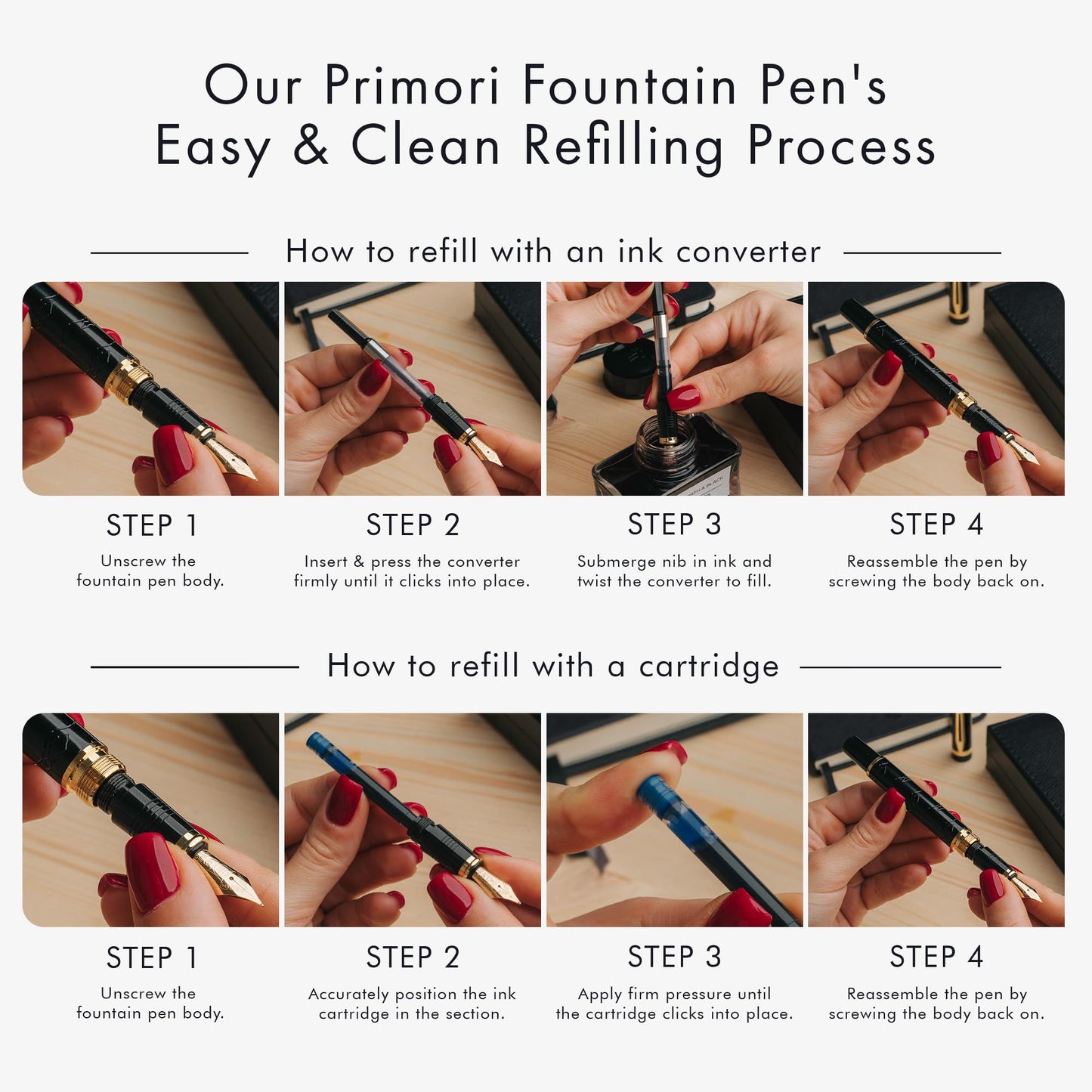 Wordsworth & Black Primori Fountain Pen Set [Black Gold]; Medium Nib, Gift Case, 24 Ink Cartridges, Refill Converter, Manual; Journaling, Calligraphy, Smooth Writing Pens; Left & Right Handed