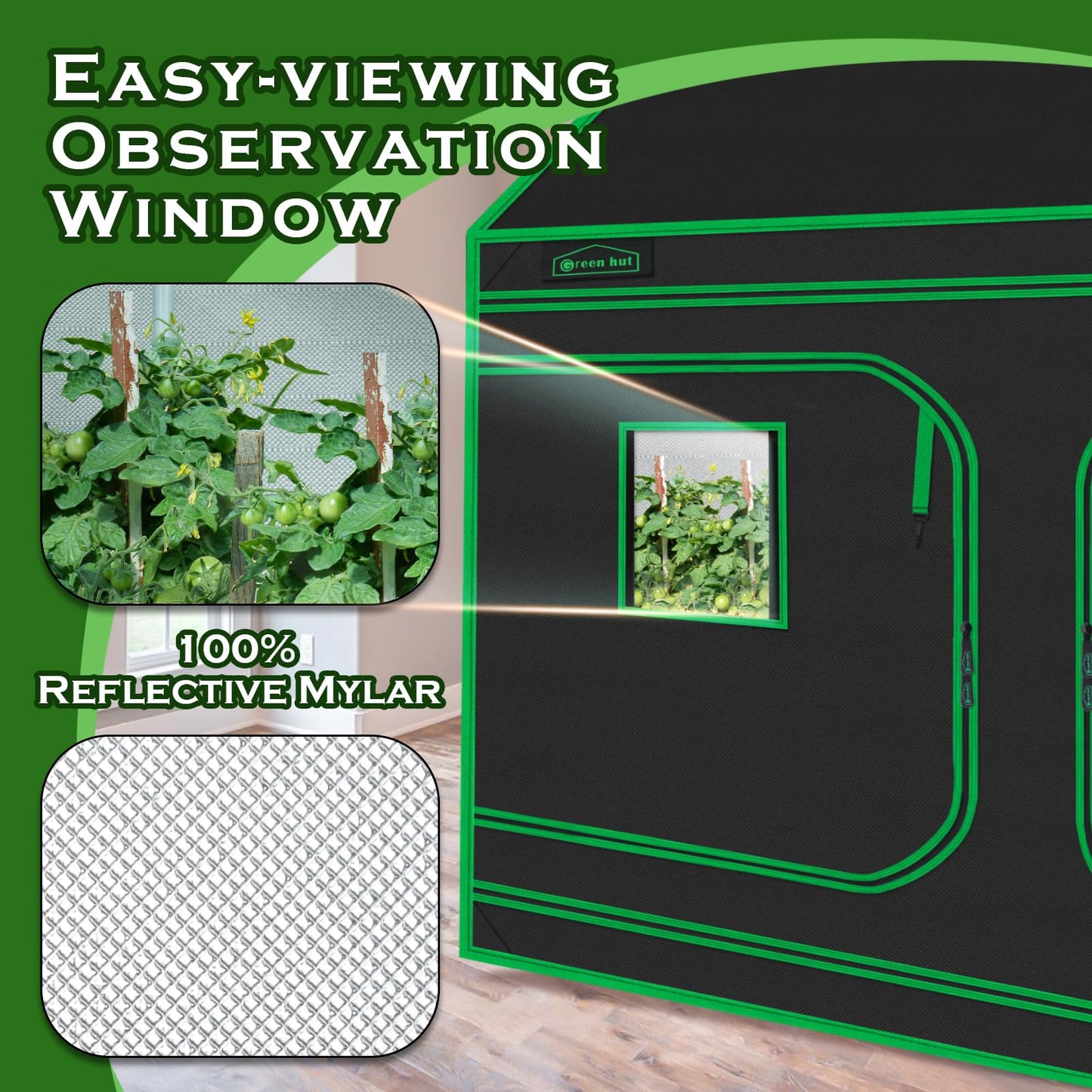 Green Hut 96"x48"x72" Roof Cube Grow Tent with Observation Windows, Lightproof, Mylar Hydroponic Tent with Floor Tray for Indoor Plant Growth