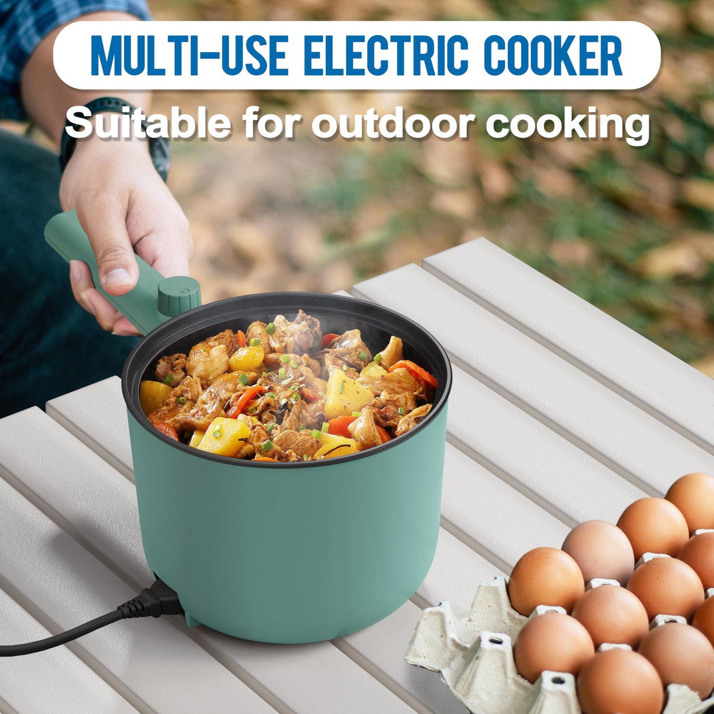 Topwit Hot Pot Electric with Steamer, 1.5L Ramen Cooker, Non-Stick Frying Pan, Electric Pot for Pasta, BPA Free, Electric Cooker with Dual Power Control, Over-Heating & Boil Dry Protection, Green