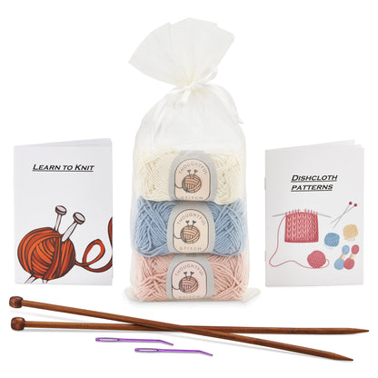 Thoughtful Stitch Knitting Kit for Beginners Adults & Kid Friendly- Complete Knitting Kit - Learn to Knit Yarn Set with Tutorial Book for Adult Hobbies - 100% Cotton Wool & Bamboo Knitting Needle