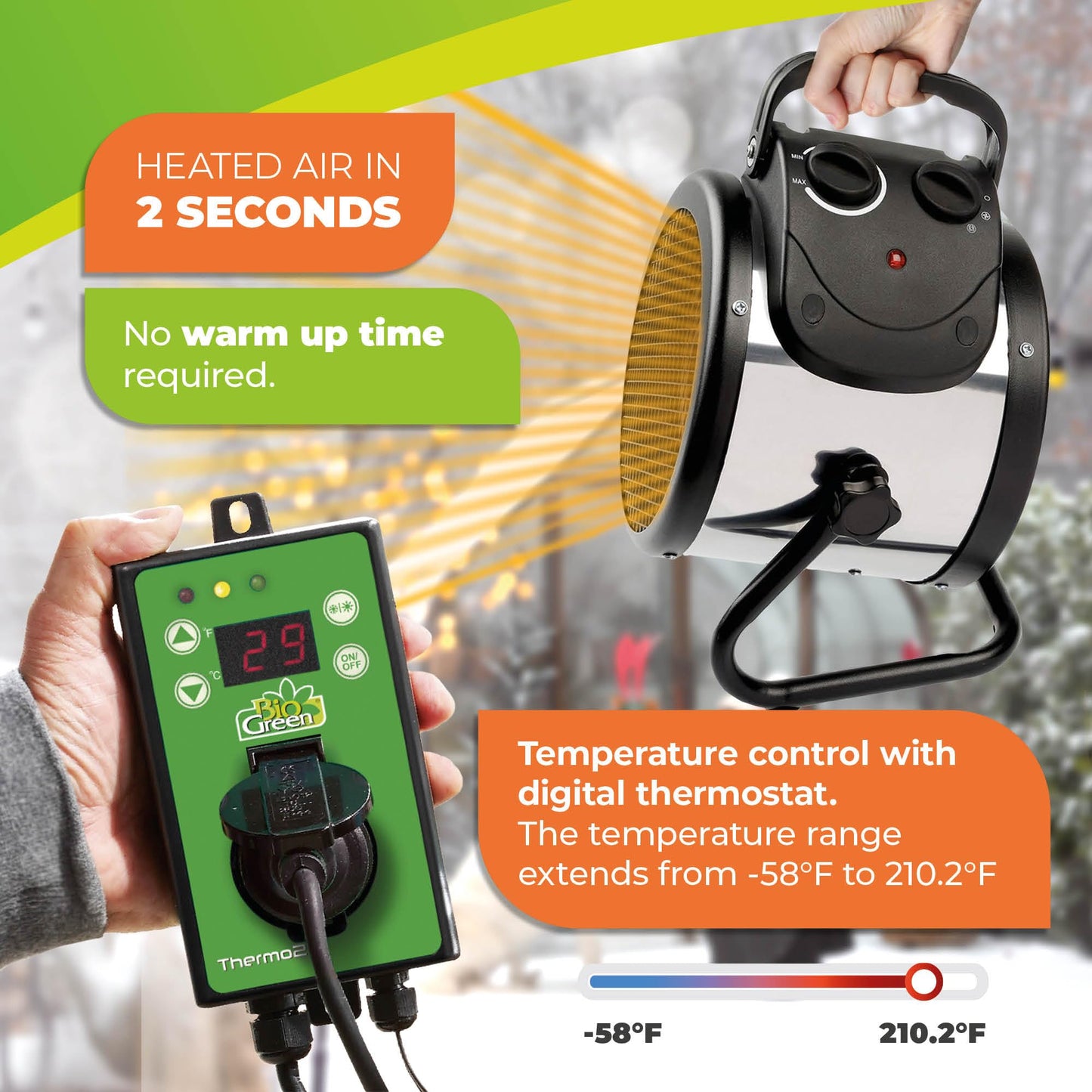 Bio Green PAL 2.0/USDT Palma Greenhouse Heater incl. Digital Thermosta, 11 x 8 x 12.5" / 280 x 195 x 315 mm