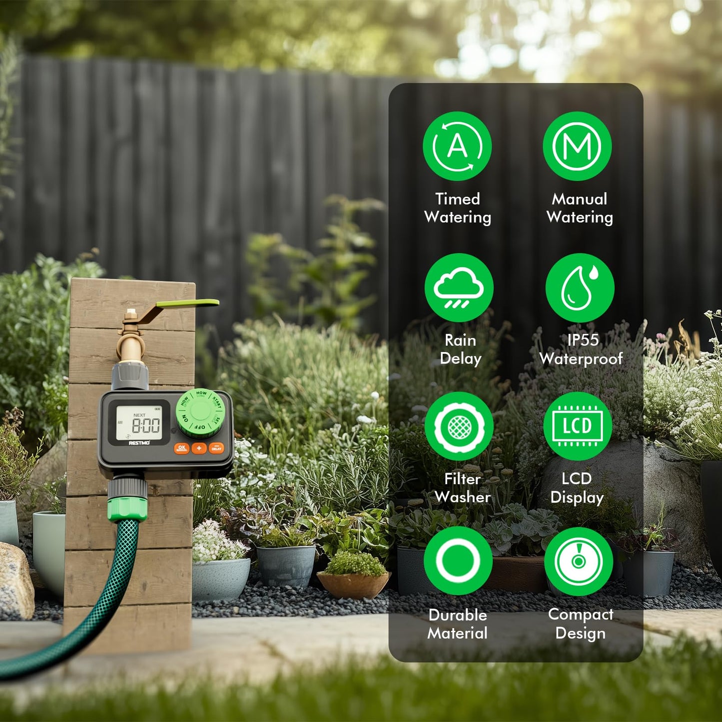 RESTMO Sprinkler Timer, Programmable Water Timer for Garden Hose, Automatic Control | Manual ON/Off | Rain Delay for Outdoor Faucet, Drip Irrigation and Lawn Watering System