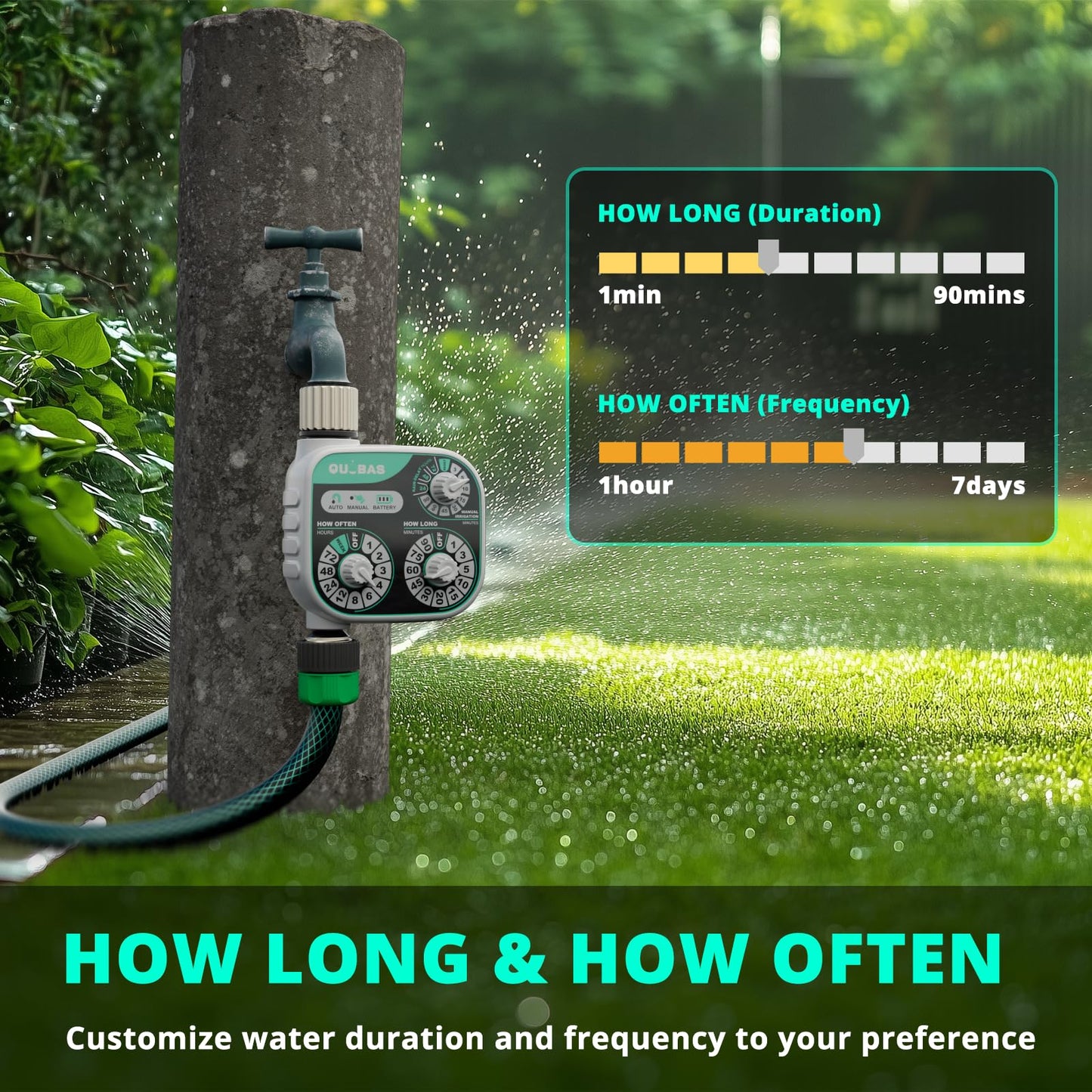 QUOBAS 3-Dial Analog Water Timer, Mechnical Control Automatic Sprinkler Timer with Manual and Rain Delay, for Garden Hose Watering, Drip Irrigation, Self-Watering System, Easy to Set Up