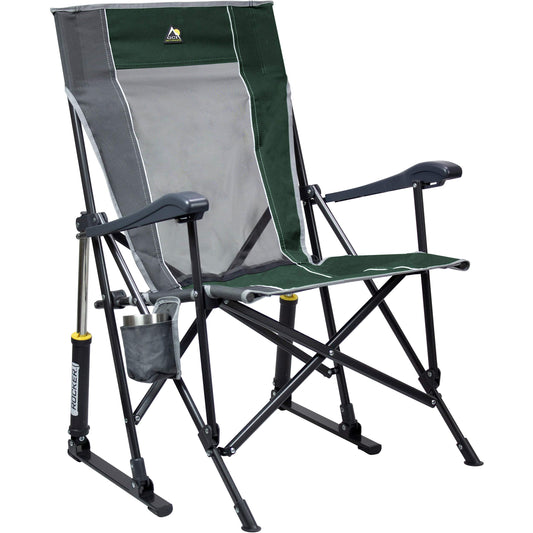 GCI OUTDOOR Roadtrip Rocker Camping Chair | Portable, Folding Rocking Chair with Solid, Durable Armrests, Drink Holder & Comfortable Extended Backrest — Hunter Green