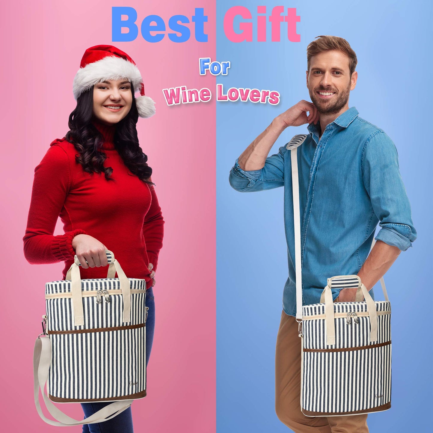 Tirrinia Insulated Wine Gift carrier - 3 Bottle Travel Padded Wine Carry Cooler Tote Bag with Handle and Adjustable Shoulder Strap, Stripe